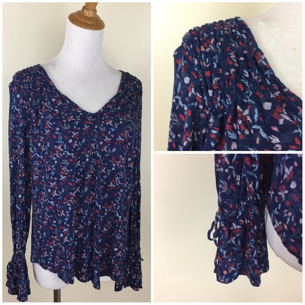 LUCKY BRAND Adjustable Drawstring Blue MultiColor Floral Print Long Sleeve Shirt